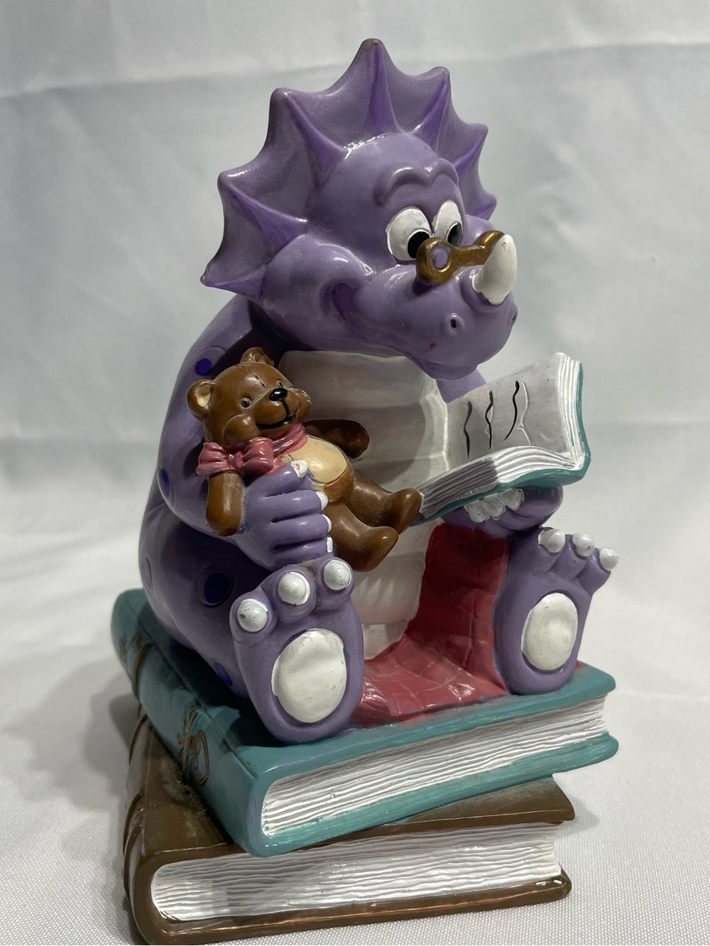 7” Vinyl Piggy Bank Triceratops with Books Story Time Cute Vintage GUC no plug*